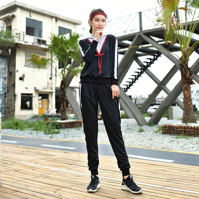 

Colorful 2019 new fashion Slim female sports suit Korean version of the loose quick-drying running gym long-sleeved yoga clothes black L
