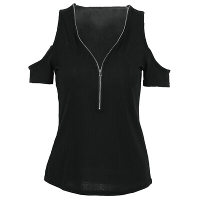 

Women T-shirt Solid Stretchy Ribbed Deep V Cold Shoulder Zipper Short Sleeve Cut Out Slim Casual Tops