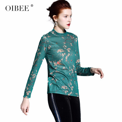

OIBEE2018 autumn&winter womens new fashion printing elastic half-high collar T-shirt long-sleeved shirt shirt shirt women