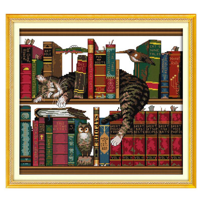 

DIY Handmade Needlework Counted Cross Stitch Set Embroidery Kit 14CT Cat on Bookshelf Pattern Cross-Stitching 41 38cm Home Decor