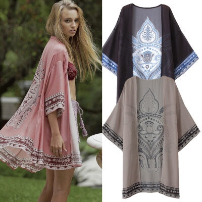 

Women Summer Long Chiffon Cardigan Kimono Positioning Printing Beach Cover Up Bikini Outwear KhakiBlackPink