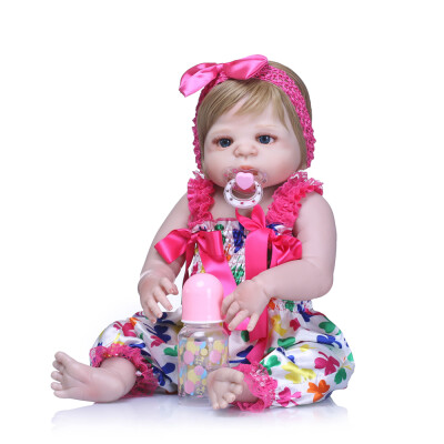 

Reborn Baby Girl Doll 22 inch Soft Full Silicone Vinyl Body Lifelike Toddler Doll Play House Bath Toy Gift for ages 3 With Blue