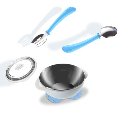 

Baby Suction Bowl With Cover Fork Spoon Stainless Steel Dinnerware Set Stay Put Spill Proof Solid Feeding Blue