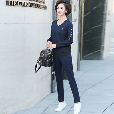 

Yu Zhaolin 2019 new middle-aged womens loose large size shirt pants 40-50 years old mother loaded spring&autumn large size two-piece set YWMM191313 blue 2XL
