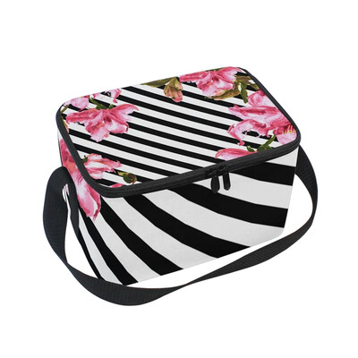 

ALAZA Insulated Lunch Box Stripe And Flowers Lunch Bag for Men Women Portable Tote Bag Cooler Bag
