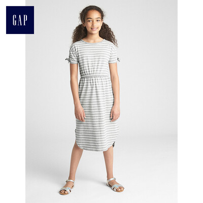 

GAP flagship store girls cotton striped waist short-sleeved T-shirt dress 306931 gray striped