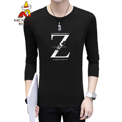

Scarecrow MEXICAN long-sleeved T-shirt male Korean version 2019 new fashion type round neck print wild self-cultivation comfortable trend t-shirt bottoming shirt mens shirt black