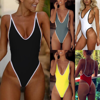 

New Sexy Women One-piece Swimsuit Plunge V Neck High Cut Thong Solid Monokini Swimwear Bathing Suit