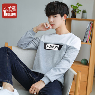 

Prince Dragon TEDELON long-sleeved T-shirt men 2019 spring new round neck solid color stitching casual Slim fashion trend sweater t-shirt clothes mens Y76 light gray