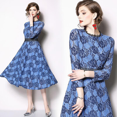 

S M L XL XXL XXXL elegant new spring 2019 lace maxi dress women long sleeve blue slim mid calf A line lady office