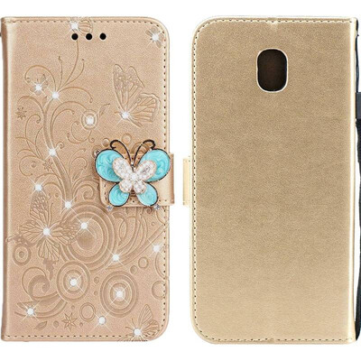 

MOONCASE Samsung Galaxy J7 2017 Butterfly Rhinestone Embossed Leather Case - Gold