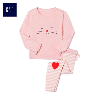

GAP flagship store childrens clothing female baby cat pattern cotton long-sleeved knit autumn clothes long pants set 374724 ice pink 90cm 18-24 months
