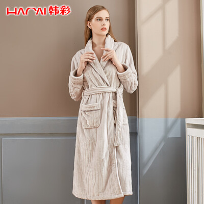 

Han Cai HACAI pajamas ladies flannel autumn&winter plus velvet thick coral fleece long-sleeved lapel slings with bathrobes robe smoke purple gray 16590 L