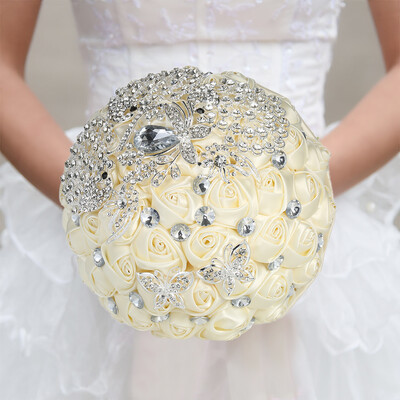

18cm Handmade Wedding Brooch Rhinestone Bridal Bouquet Satin Rose Flower for Bride Wedding Supplies--Beige