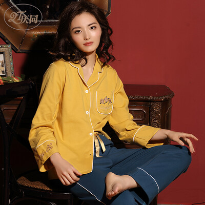

Qingtong pajamas womens cotton long-sleeved spring&summer new long-sleeved Korean fashion trendy cute home service suit 3373287 yellow XL