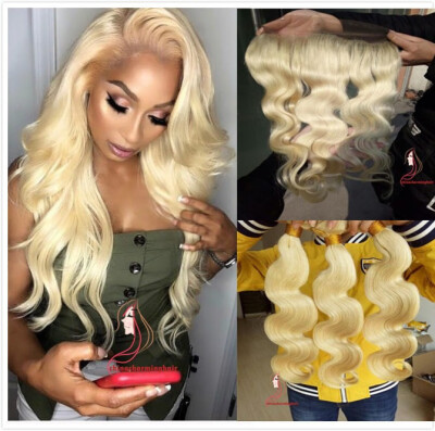 

Brazilian Hair Blonde Body Wave 613 Blonde Human Hair Weave 3pcs with Lace Frontal Honey Blonde Bundles