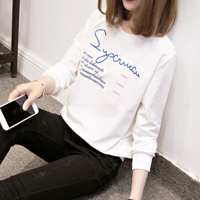 

Yu Zhaolin 2019 spring new womens Korean version of the letter printed pullover shirt casual wild long-sleeved T-shirt YWTC191403 white