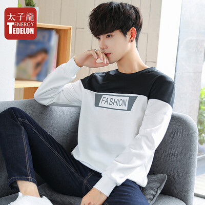 

Prince Dragon TEDELON long-sleeved T-shirt male 2019 spring new round neck solid color stitching casual Slim fashion trend sweater t-shirt clothes mens Y76 white M