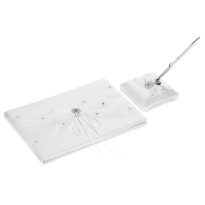 

White Satin Wedding Guset Signature Book&Pen Stand Set with Lace Flower Faux Rhinestone Decoration