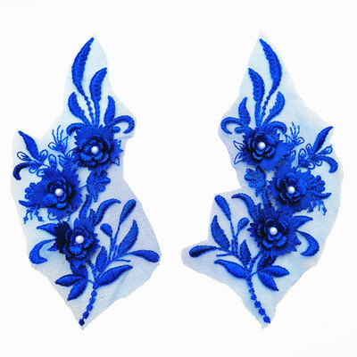 

1 Pair Fine 3D Blue Lace Fabric Patches Embroidered Trim applique Decor Dress Decoration