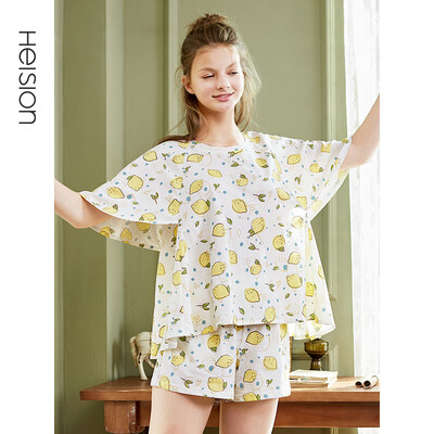 

Haizhining pajamas women summer cotton thin short-sleeved shorts two-piece suit home service Korean fashion can wear 2019 spring&summer new H91XWJT026 white lemon full printing  code