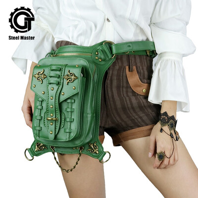 

steel master Punk Shoulder Waist Bags for Women Men Green PU Leather Thigh Hip Holster Waist Packs