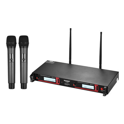 

Professional Dual Channel UHF Wireless Handheld Microphone System 2 Microphones 1 Wireless Mic Receiver 635mm Audio Cable AC Adap