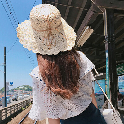 

Summer Women Crochet Straw Hat Wide Brim Bow Sun Beach Cap Holiday Fedora Trilby Hat KhakiBeige