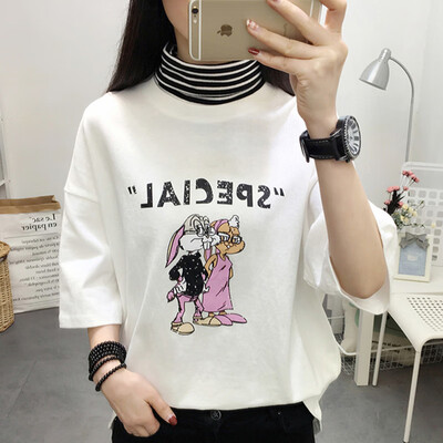 

JOY OF JOY Jingdong Womens 2019 Summer New Korean Fake Two Piece High Collar Cute Pattern Print Loose T-Shirt Student Female JWTD191841 White XL