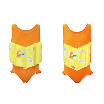 

Girl One-Piece Float Swimsuit Cap Cute Fashion Swimwear With Removable Buoyancy Stick for Kid Toddler Learn to Swim Orange 90cm