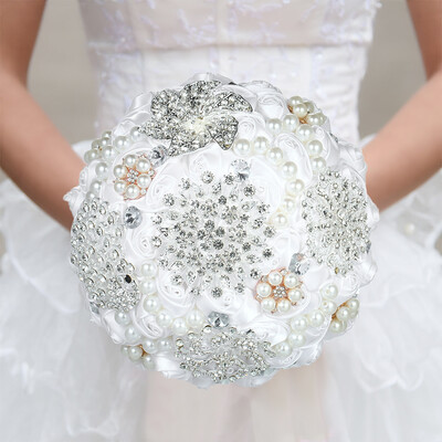 

18cm Handmade Wedding Brooch Diamond Bridal Bouquet Satin Rose Flower with Rhinestone Artificial Pearls Beads Decorated for Bride