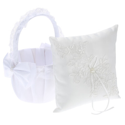 

7 7 inches White Satin Ring Bearer Pillow&Lace Flower Girl Basket Wedding Decoration Supplies Set