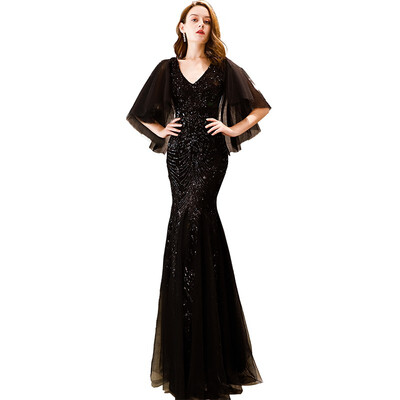 

2019 New Sexy V-neck Mermaid Dress Short Sleeve Vintage Evening Dresses Bling Bling Sequin Party Prom Evening Dress