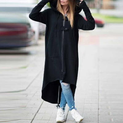 

Hooded split long sleeve zip button pocket long sweater coat