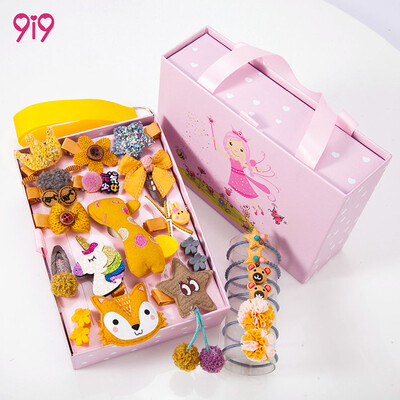 

9i9 long love long new childrens hair accessories 24 sets of girls hairpin cute cute princess head rope rubber band hair ring set gift box 1900005 yellow fox D