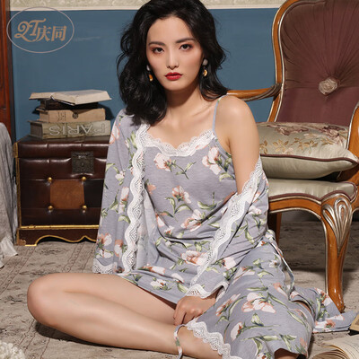 

Qingtong nightgown cotton long-sleeved spring&summer sexy sling pajamas womens two-piece home service 3373238 gray blue