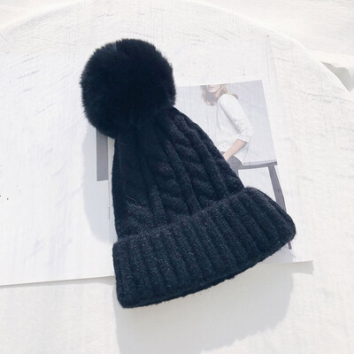

Hat Female Winter Fur Ball Wool Hat Twist Knit Hat Simple Wool Blend Knit Hat