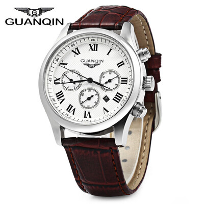

GUANQIN Men Leather Band Calendar Quartz Watch 10ATM Water Resistant with Three Moving Sub-dials