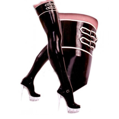 

Latex Cool Women Handmade Latex black with white Trim buckles slim Long Tight Fetish Stockings 04mm