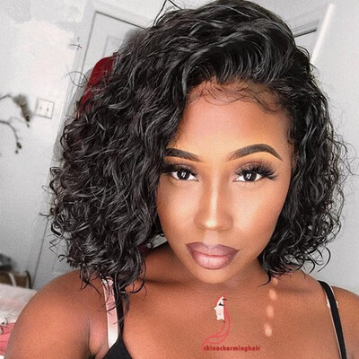 

Water Wave Short Bob Virgin Human Hair Lace Front Wig Swiss Lace Natural Black Color Bleached Knots Human Hair Wig With