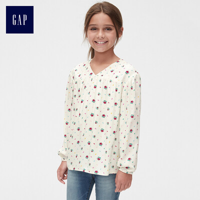 

GAP flagship store girls vibrant print V-neck long-sleeved shirt 397988 ivory white XS