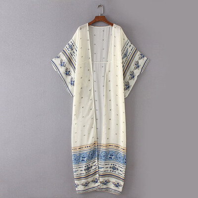 

Women Chiffon Kimono Cardigan Bikini Cover Up Printed Boho Long Loose Casual Beach Robe Blouse Top Blue