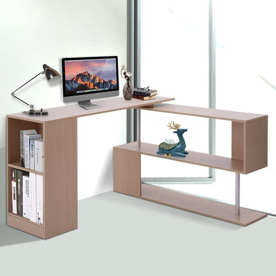 

Modern  Shaped Rotating Computer Desk with Shelves - Oak