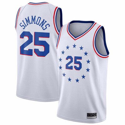 

2019 New Mens Philadelphia 76ers 25 Ben Simmons Red White Gray Blue Basketball Jersey Size S-XXL
