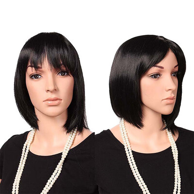 

Short Bob Hair Wigs 125" Straight with Flat Bangs Synthetic Colorful Cosplay Daily Party Wig for Women