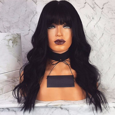 

Glueless Lace Front Wavy Wig With Bang 100 Virgin Human Hair Front Lace Wig Pre Plucked Natural Wave Remy Lace Wig With Baby Hair