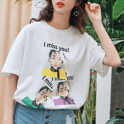 

JOY OF JOY Jingdong Womens 2019 New Summer Short Sleeve Women Korean Womens Loose Round Collar Personality Character Print T-Shirt Women JWTD191838 White M