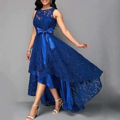 

Women Fashion High Waist Bow Belted Lace Irregular Hem Maxi Dress Solid Color Sleeveless Elegant Dress for Cocktail Party