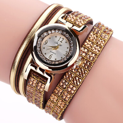 

DUOYA D187 Women Leather Wrap Rhinestones Quartz Bracelet Wrist Watch