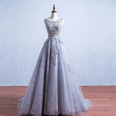 

Sexy A Line O Neck Appliques Grey Evening Dress Real Photos Long Floor Length Tulle Evening Gowns Party Prom Dress